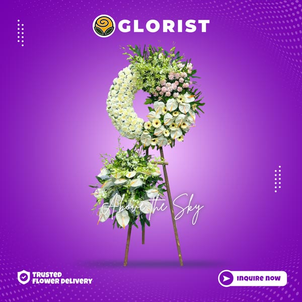 Graceful Sympathy Flower Stand: White and pink carnaions, anthurium, orchids, white gerbera daisies - A heartfelt tribute for moments of solace.