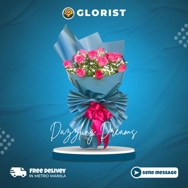 Vibrant bouquet of one dozen dark pink roses adorned with delicate aster fillers, expertly wrapped in a Korean-style packaging and embellished with a luxurious satin ribbon. This stunning floral arrangement is perfect for expressing love, appreciation, and joy on any special occasion.