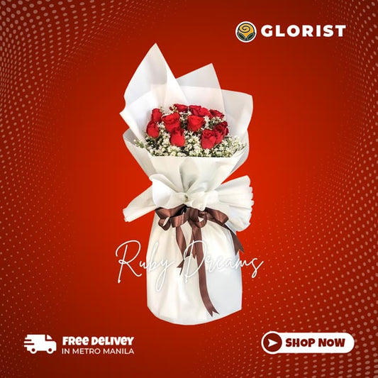 Classic Bouquet: Vibrant Red Roses, Aster Fillers, White Korean-style wrap, Organza Ribbon - A timeless symbol of love and elegance.