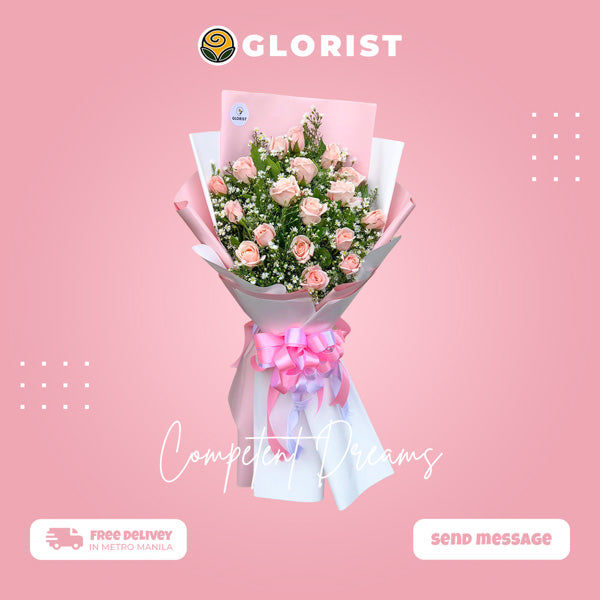 Competent Dreams: A stunning arrangement of a dozen Light Pink Garden Roses, accompanied by delicate Aster and Rosal fillers, creating a sense of grandeur and elegance.