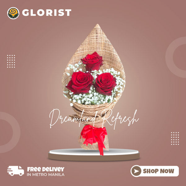 Three Ecuadorian roses with Gypsophila fillers, beautifully wrapped in burlap and satin ribbon