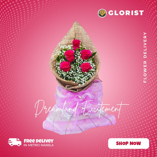 Five Dark Pink Ecuadorian roses with Gypsophila fillers, beautifully wrapped in burlap and satin ribbon