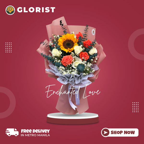 Enchanted Love: A stunning arrangement of 4 White and Pomelo Roses with a single sunflower, accompanied by delicate Aster and Eucalyptus fillers, creating a sense of grandeur and elegance.