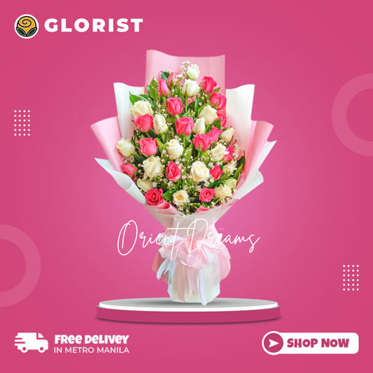 Orient Dreams: An exquisite arrangement featuring 18 white and 18 dark pink Baguio roses, complemented by aster fillers, creating a stunning display of elegance and beauty.