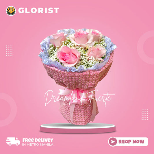 A captivating bouquet of 5 luxurious light pink Ecuadorian roses, beautifully complemented by vibrant gypsophila fillers. The roses are elegantly presented in a burlap wrap. This stunning arrangement is perfect for adding a touch of elegance and charm to any occasion.