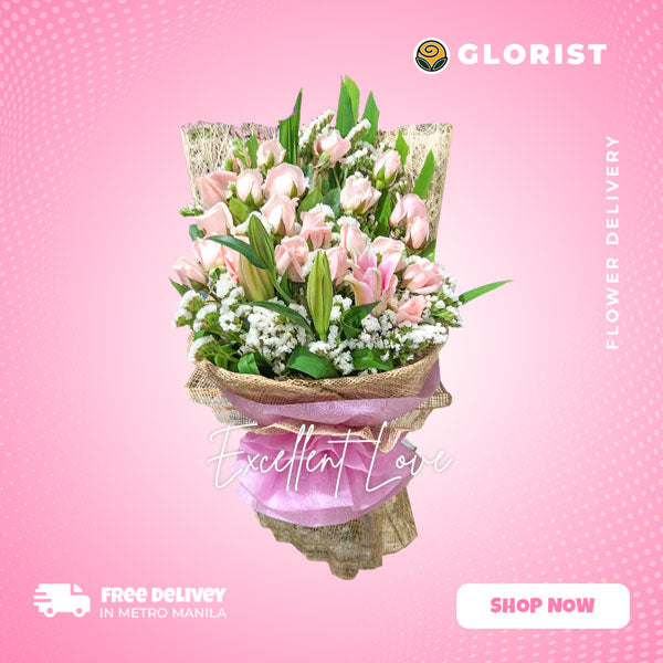 Captivating bouquet featuring two mesmerizing stargazer lilies, 24 elegant pink roses, with Statice Fillers, expertly arranged in a Burlap wrap and embellished with a luxurious tissue wrap. This stunning floral arrangement is perfect for any special occasion, adding beauty and charm to your celebrations.