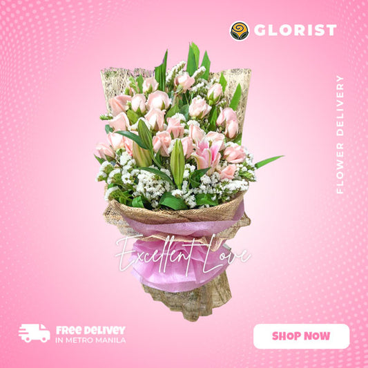 Captivating bouquet featuring 2 mesmerizing stargazer lilies, 24 elegant pink roses, with Statice Fillers, expertly arranged in a Burlap wrap and embellished with a luxurious pink tissue wrap. This stunning floral arrangement is perfect for any special occasion, adding beauty and charm to your celebrations.