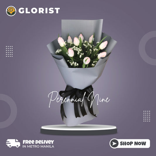 Graceful bouquet: 9 pink tulips with statice fillers. Beautifully presented in a Korean wrap, adorned with a satin ribbon.
