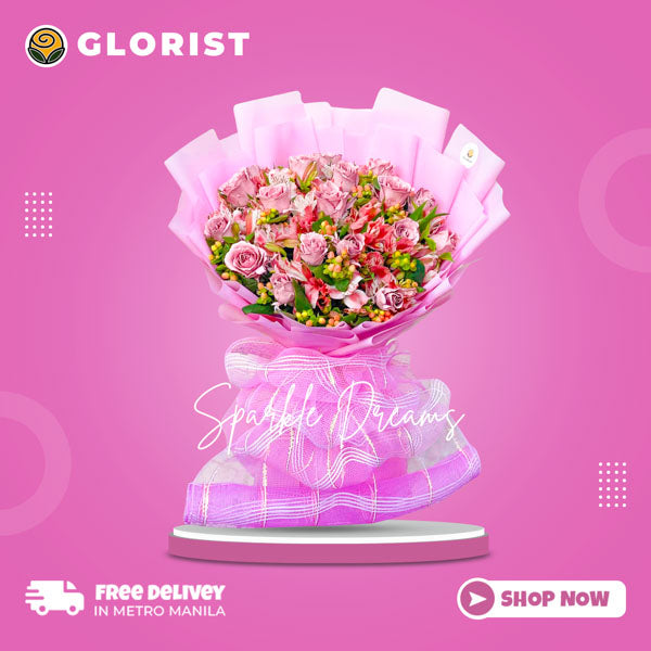 Enchanting 18 Floral Painted Pink Rose Bouquet with Hypericum Berries, Korean-style Wrap, Satin Ribbon.