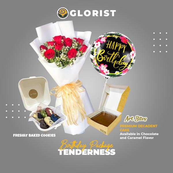 Captivating rose bouquet, mouthwatering Red Ribbon cake, Art Bites cookies, and festive birthday balloon bundled together in this delightful package.