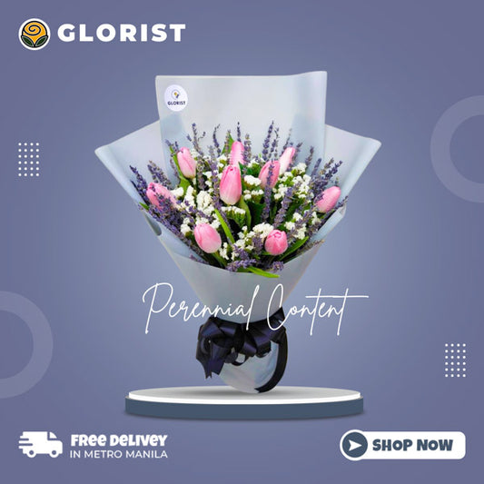 Graceful bouquet: 9 pink tulips with lavender and statice fillers. Beautifully presented in a Korean wrap, adorned with a satin ribbon.