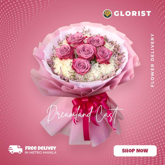 A striking bouquet featuring a vibrant arrangement of 6 moody purple Ecuadorian roses, adorned with delicate hydrangea. The bouquet is elegantly wrapped in light pink Korean-style packaging, enhanced with a luxurious pink satin ribbon. This captivating floral ensemble is the perfect choice to convey joy and beauty for any special occasion.
