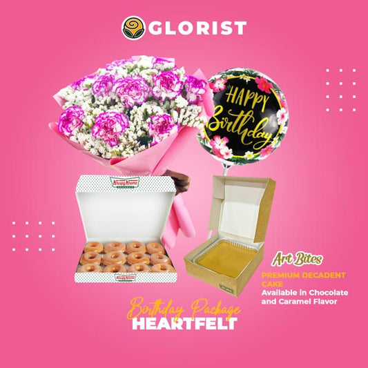 Beautiful carnation bouquet, delicious Red Ribbon cake, a box Krispy Kreme doughtnuts, and festive birthday balloon thoughtfully included in this special package.
