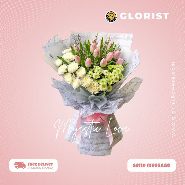 Captivating bouquet featuring 24 luscious pink roses, 10 elegant carnations, and exquisite white buttons with misty blue fillers, expertly arranged in a Korean wrap and embellished with a luxurious satin ribbon. This stunning floral arrangement is perfect for any special occasion, adding beauty and charm to your celebrations.