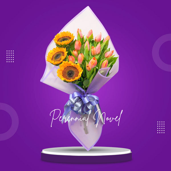 Stunning Bouquet of 15 Tulips and 3 Sunflowers in Rustic Kraft Paper Wrap: Embrace the beauty of nature with this breathtaking bouquet. It features a vibrant collection of 15 tulips and 3 sunflowers, carefully arranged to showcase their radiant colors and delicate petals. The bouquet is elegantly presented in a korean wrap, adding a charming and natural touch to its overall appeal. Perfect for brightening up any space or making a memorable gift for your loved ones.
