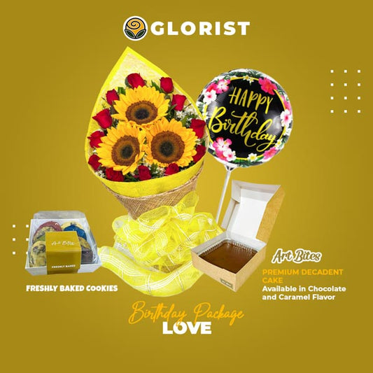 Exquisite sunflower and rose bouquet, delectable Red Ribbon cake, enchanting Art Bites cookies, and festive birthday balloon thoughtfully bundled together in this special package.