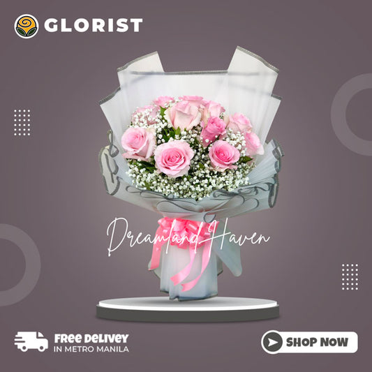 A captivating bouquet of 12 luxurious light pink Ecuadorian roses, beautifully complemented by gypsophila fillers. The roses are elegantly presented in a Korean-style wrap with a border design, accentuated by a stylish pink satin ribbon. This stunning arrangement is perfect for adding a touch of elegance and charm to any occasion.