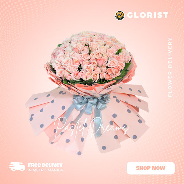 99 Light Pink Roses Bouquet - Polka dot Korean wrap, satin ribbon. Impressive and passionate floral arrangement for a special occasion.