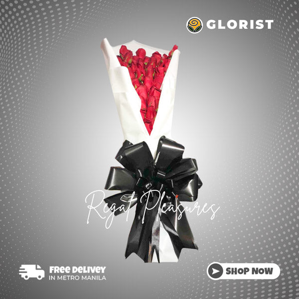 Captivating Bouquet of Red China Roses, beautifully arranged in a Korean-style wrap and adorned with a luxurious Satin Ribbon.