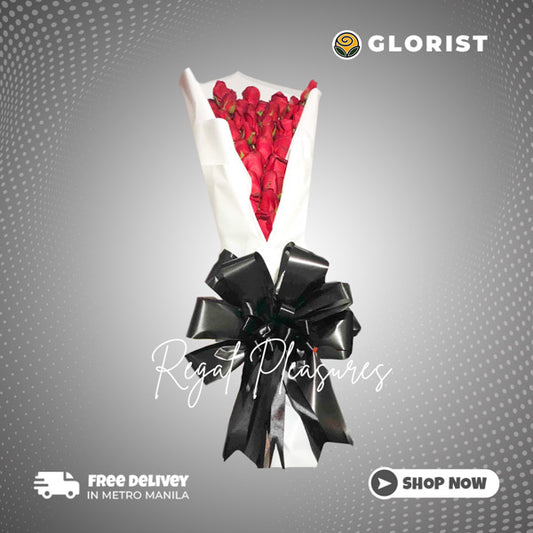Captivating Bouquet of Red China Roses, beautifully arranged in a white Korean-style wrap and adorned with a luxurious Satin Ribbon.