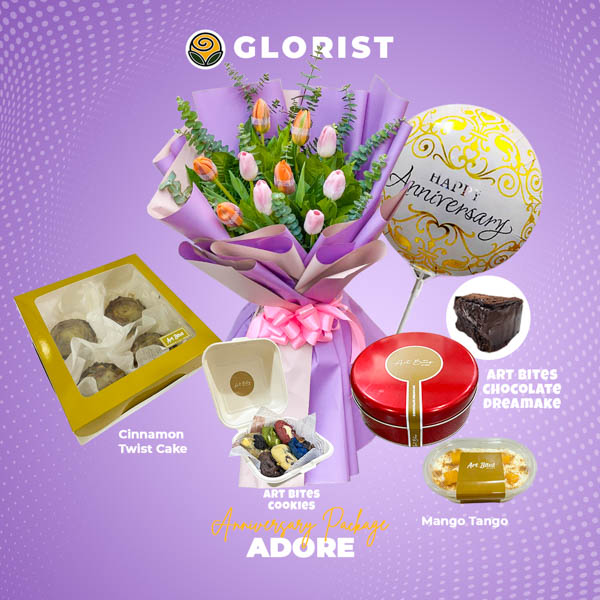 Adore Anniversary Package with assorted tulips bouquet, anniversary balloon, chocolate dream cake, mango float, cookies, and cinnamon twist cake for delivery in Metro Manila, Rizal, Bulacan, Laguna, and Tagaytay.