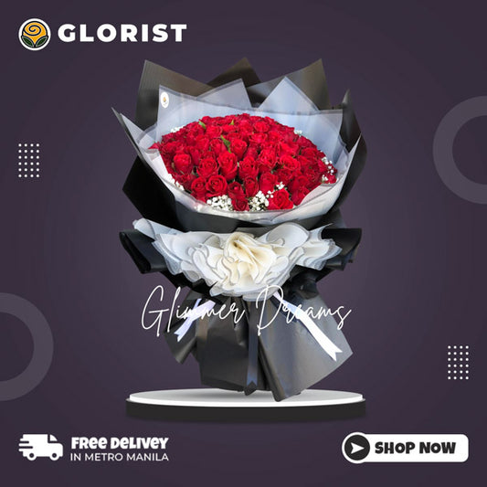 Stunning bouquet: 99 red roses with gypsophila fillers in a Korean wrap, adorned with a luxurious satin ribbon, epitomizing elegance and romance.