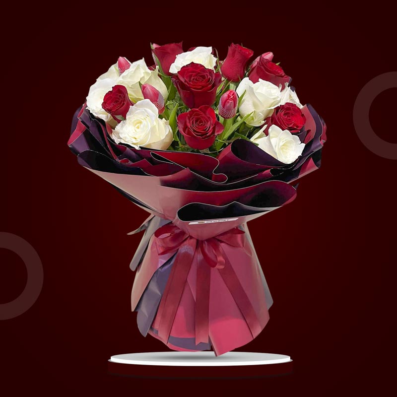 Admirable Love bouquet with cherry red tulips, white China roses, and red China roses in a wine red and maroon wrap — same-day delivery Manila