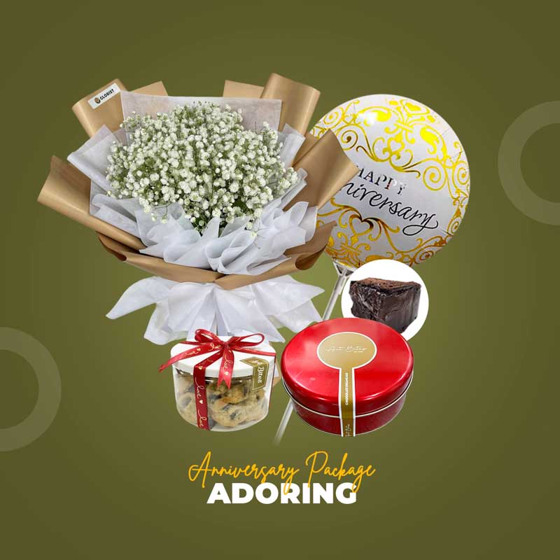 Adoring Anniversary Package with baby’s breath bouquet, chocolate cake, cookie jar, and anniversary balloon