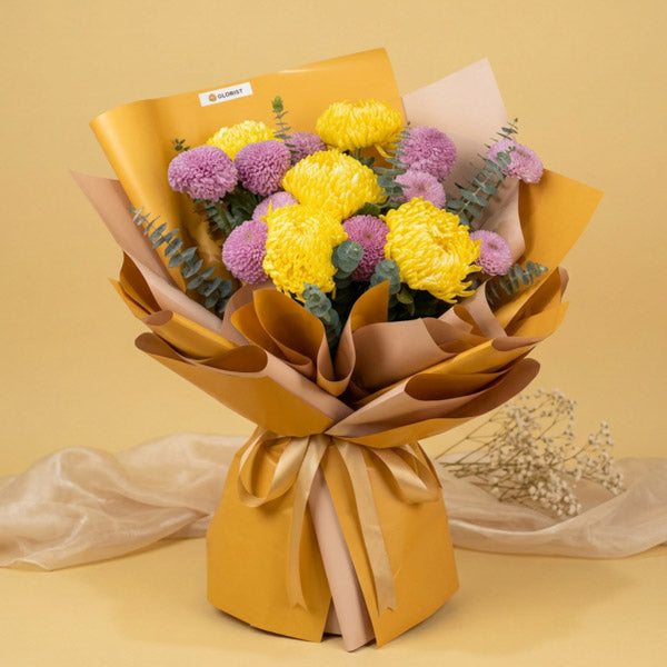 Yellow sunlight and purple pompoms bouquet with Korean wrapping