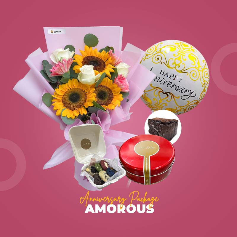 Amorous Anniversary Package with assorted flower bouquet, chocolate cake, cookies, and anniversary balloon