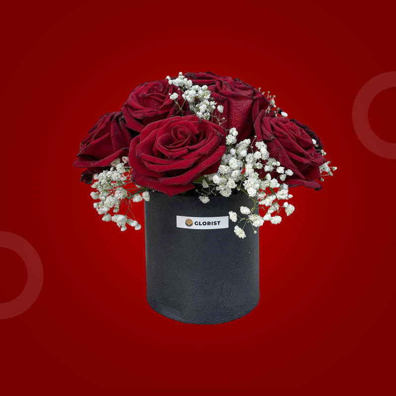 Beautiful Times Flower Box with twelve red Ecuadorian roses and white baby’s breath in a premium gift box