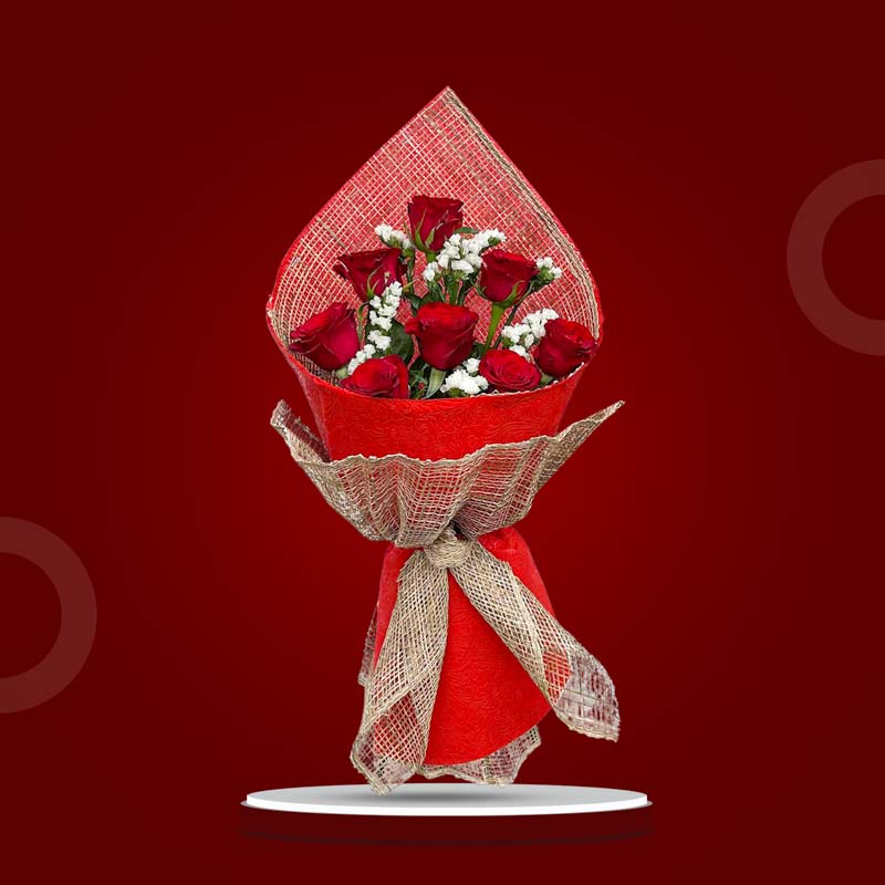 Blossom Flora bouquet with 8 red China roses and baby’s breath in burlap and red tissue wrap