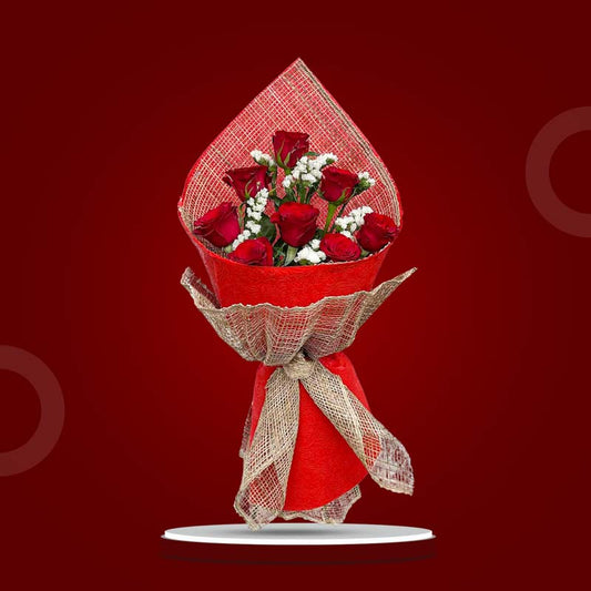 Blossom Flora bouquet with 8 red China roses and baby’s breath in burlap and red tissue wrap
