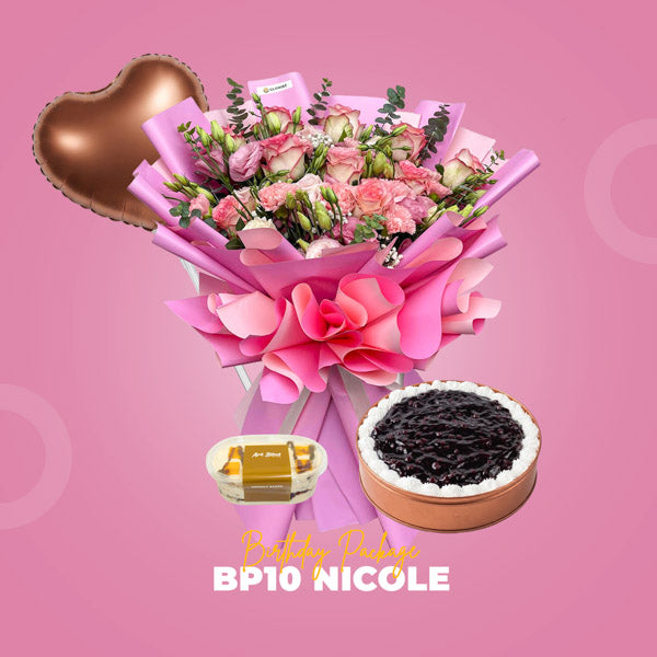BP10 Nicole Birthday Package with Oasis Love Flower Bouquet, birthday balloon, Mango Choco Tango, and Blueberry Cheese Cake