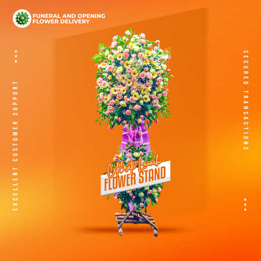 Celebrate Launch Inaugural Stand with light pink roses, white roses, white gerberas, gypsophila, and kamuning flowers