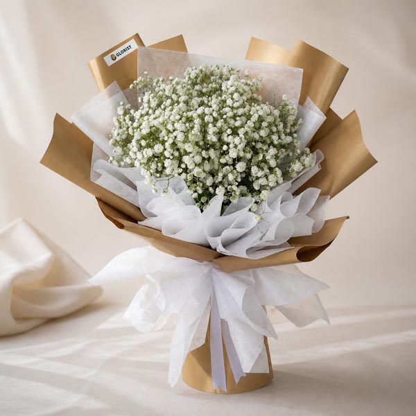 Coral Snow bouquet with white Gypsophila Baby’s Breath in kraft and white wrap with white ribbon