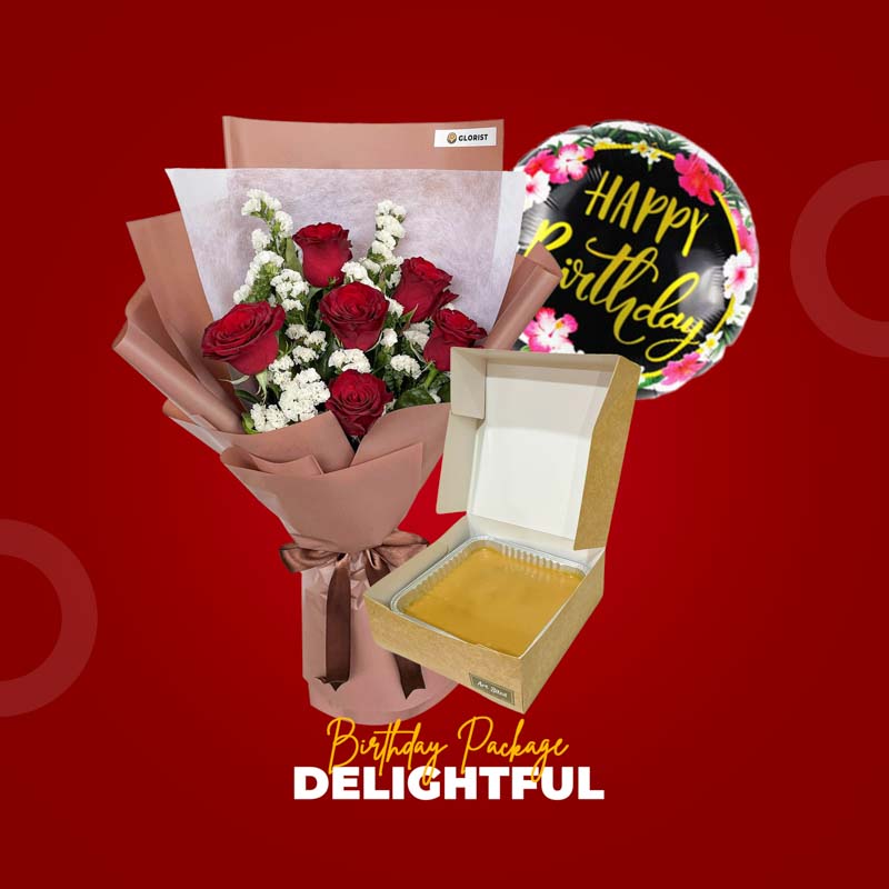 Delightful Package with Tender Flora white rose bouquet, caramel cake, and birthday balloon