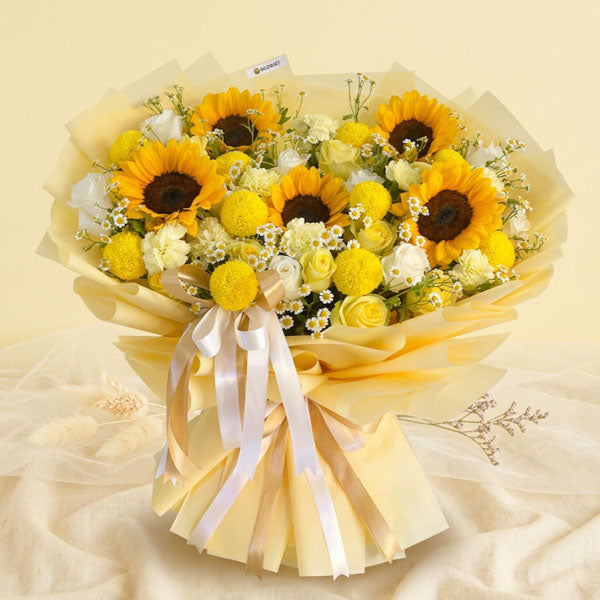 Yellow sunflower bouquet with white China roses and yellow carnations