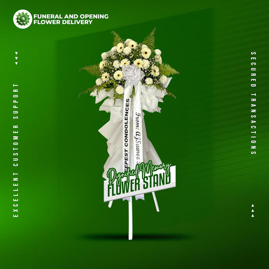 Dignified Memory Flower Stand with white gerbera daisies, white wonder mums, and egg asters arranged for a solemn funeral tribute