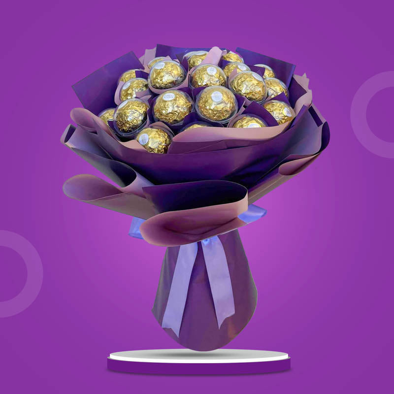 Divine Sweets chocolate bouquet with 24 Ferrero Rocher chocolates in two-tone purple wrap and lavender ribbon
