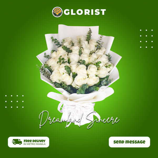 Dreamland Sincere bouquet with 30 white Ecuadorian roses and eucalyptus in Korean-style wrap with satin ribbon for Metro Manila delivery
