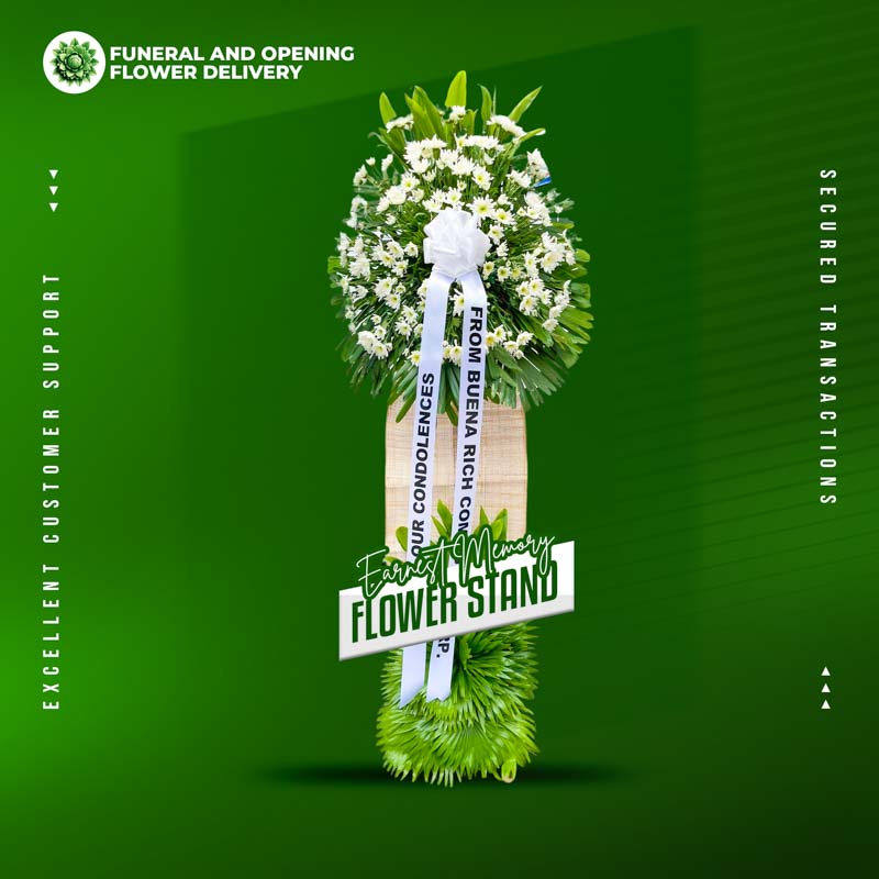 Earnest Memory Funeral Stand — sympathy tribute with white Malaysian mums, green line and anahaw leaves in elegant wrap for Metro Manila memorial services