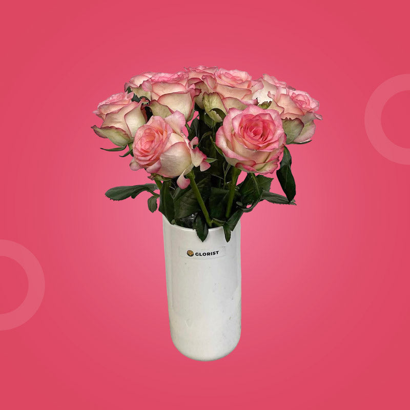 Efficient Fresh Flower Vase with ten two-toned light pink China roses in a clear glass vase