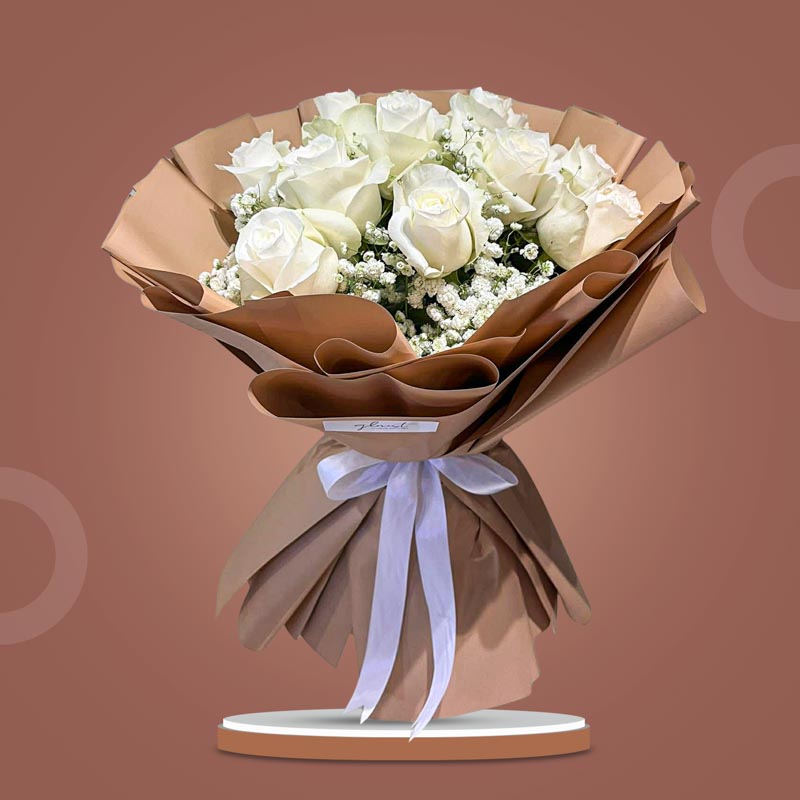 Encouraging Flora bouquet with 12 white China roses and gypsophila fillers in Korean wrap with white ribbon — same-day delivery Manila