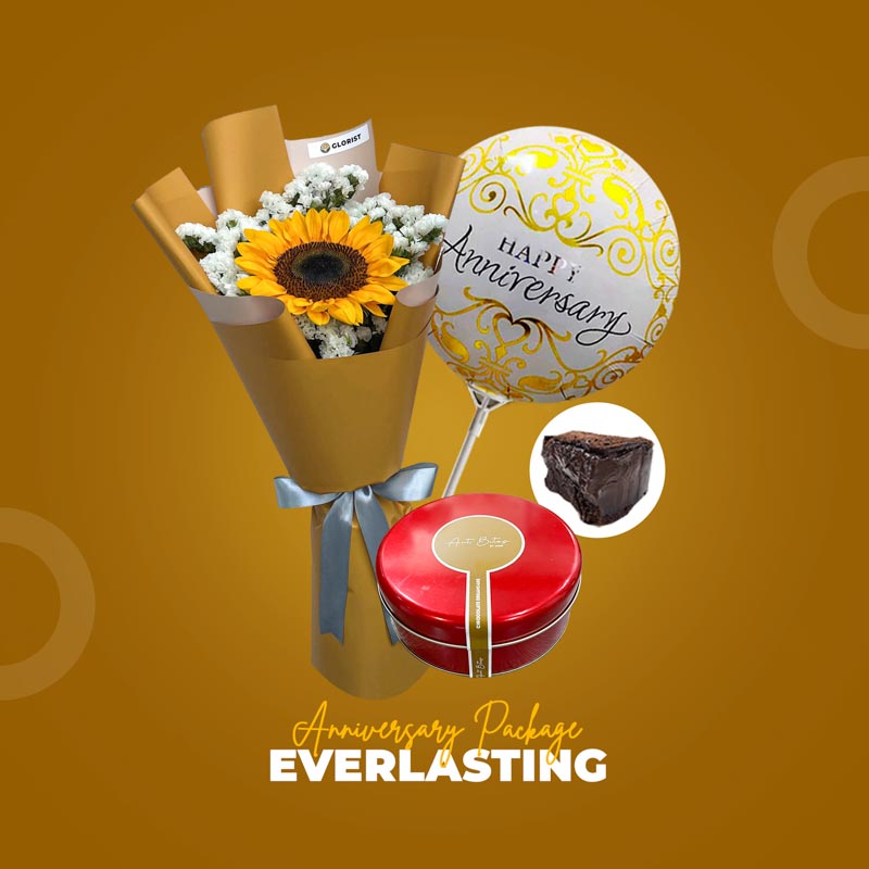 Everlasting Anniversary Package with sunflower bouquet, chocolate cake, and anniversary balloon