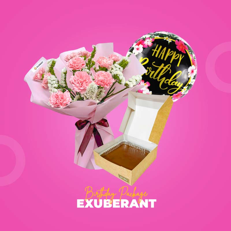Exuberant Birthday Package with carnation flower bouquet, chocolate cake, and birthday balloon