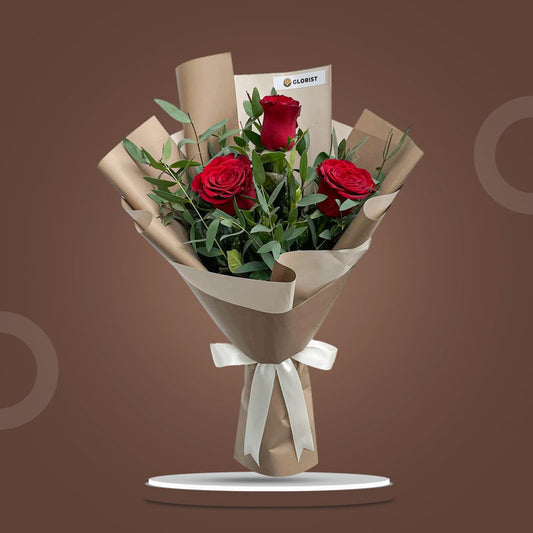 Famous Flora bouquet with 3 red China roses and eucalyptus parvifolia in café Korean wrap with latte ribbon
