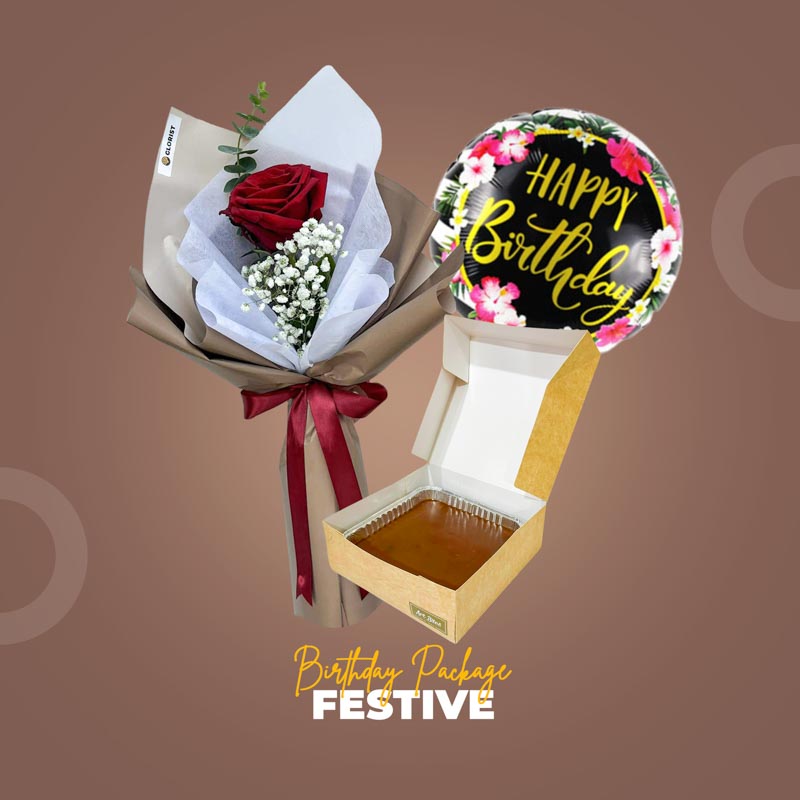 Festive Birthday Package with Pleasant Dreamland Ecuadorian rose bouquet, chocolate cake, and birthday balloon