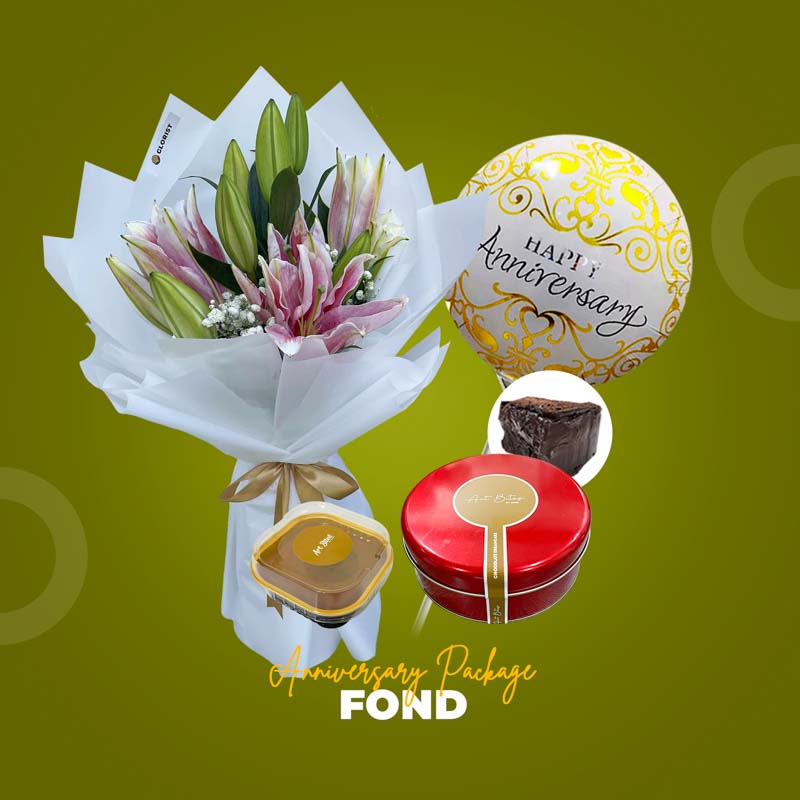 Fond Anniversary Package with Stargazer lily bouquet, two chocolate cakes, and an anniversary balloon