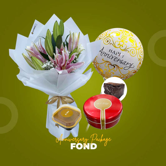 Fond Anniversary Package with Stargazer lily bouquet, two chocolate cakes, and an anniversary balloon